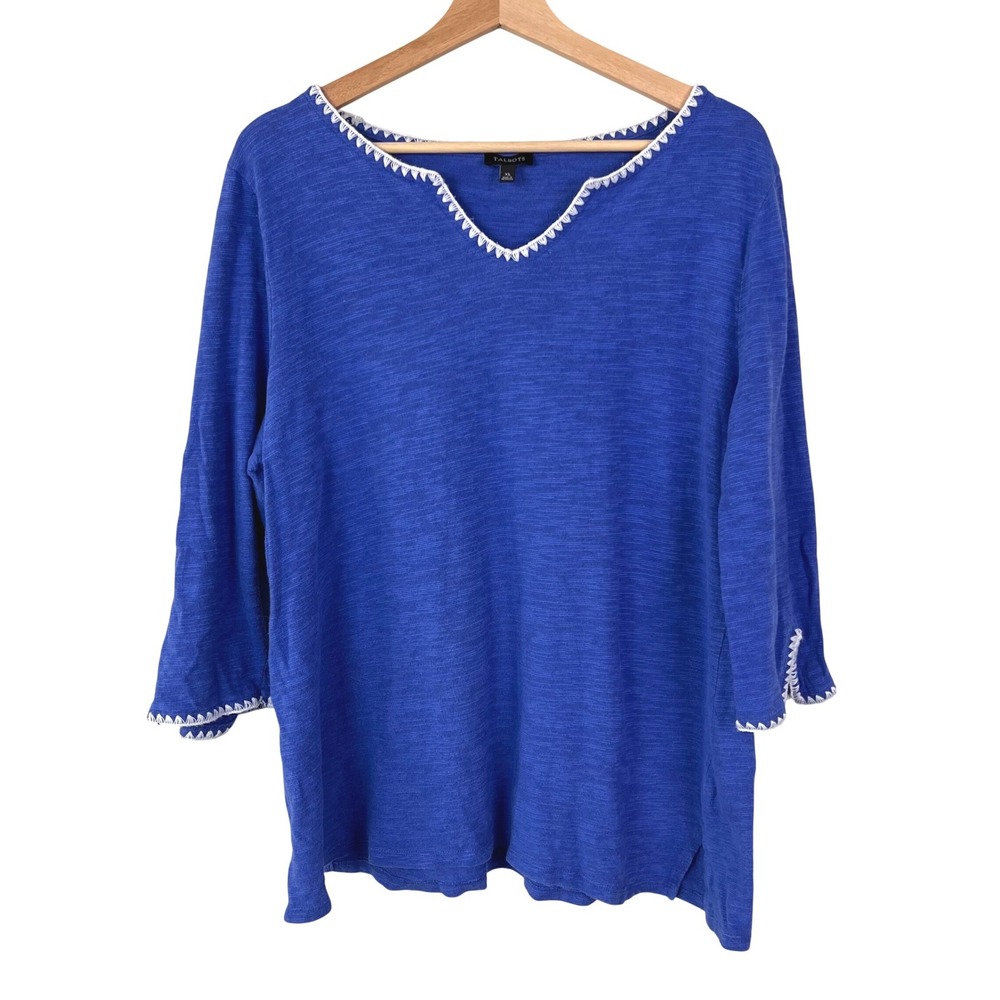 Talbots Womens XL Blue Cotton‎ Linen Slub Knit Whipstitch Trim 3/4 Sleeve Top